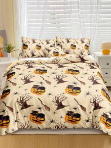 Halloween Pumpkin & Tree Print Duvet Cover Set Without Filler - Multicolor - View 1