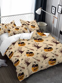 Halloween Pumpkin & Tree Print Duvet Cover Set Without Filler - Multicolor - View 2