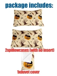 Halloween Pumpkin & Tree Print Duvet Cover Set Without Filler - Multicolor - View 3