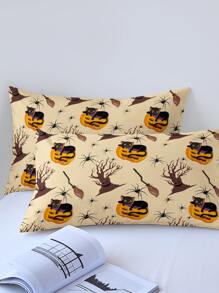 Halloween Pumpkin & Tree Print Duvet Cover Set Without Filler - Multicolor - View 5