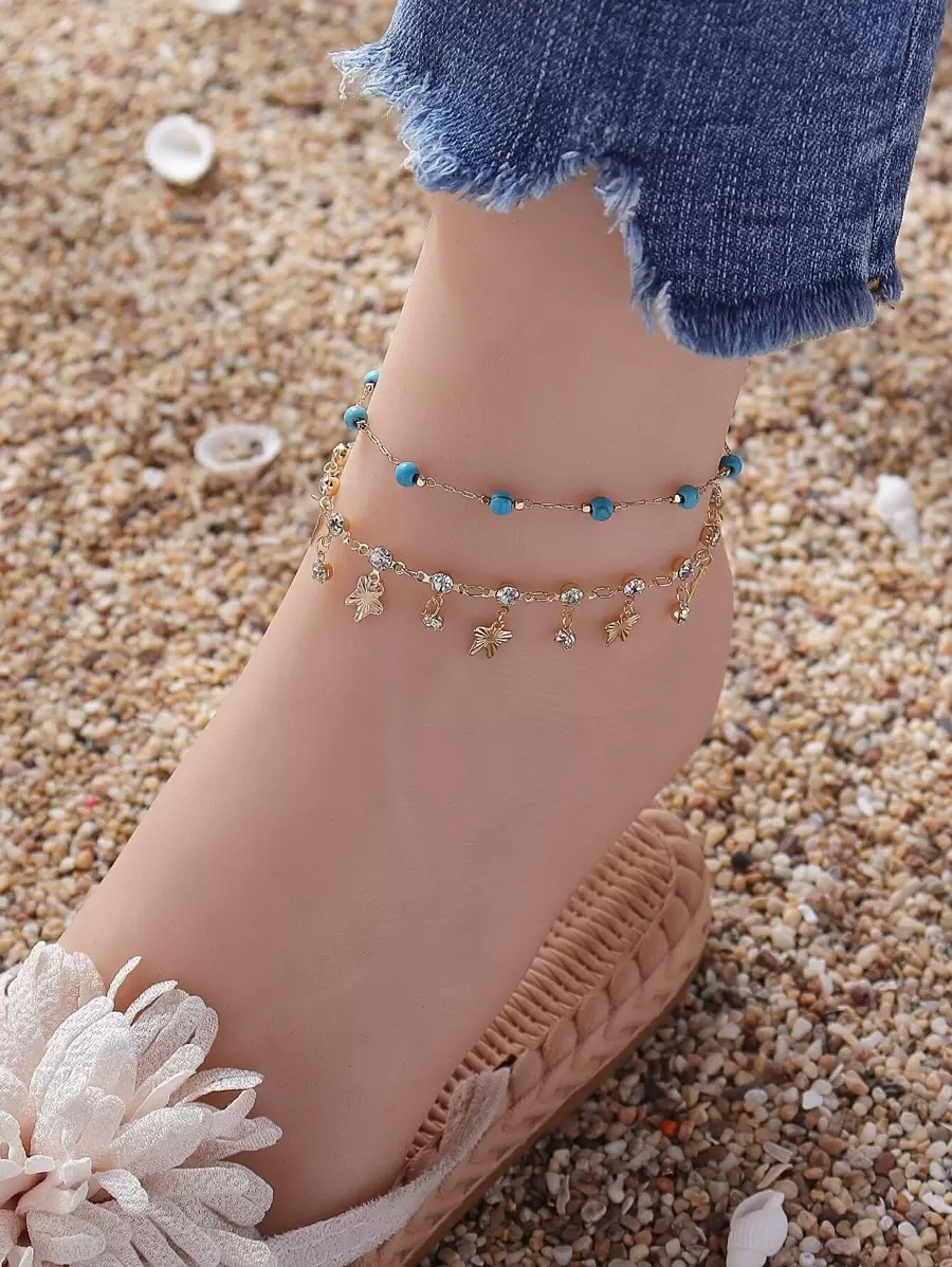 2件套时尚潮流闪亮百搭水钻蝴蝶串珠脚链套装，适合度假、派对、日常佩戴（水钻数量随机，蝴蝶数量随机） - 彩色 - 查看 1