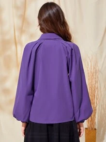 Mulvari Lantern Sleeve Button Front Fold Pleated Detail Shirt - Purple - View 3