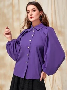 Mulvari Lantern Sleeve Button Front Fold Pleated Detail Shirt - Purple - View 4