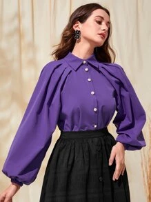 Mulvari Lantern Sleeve Button Front Fold Pleated Detail Shirt - Purple - View 1