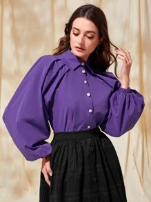 Mulvari Lantern Sleeve Button Front Fold Pleated Detail Shirt - Purple - View 6