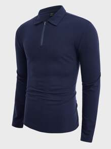 Manfinity NiteLyfe Men Quarter Zip Polo Shirt - Navy Blue - View 3