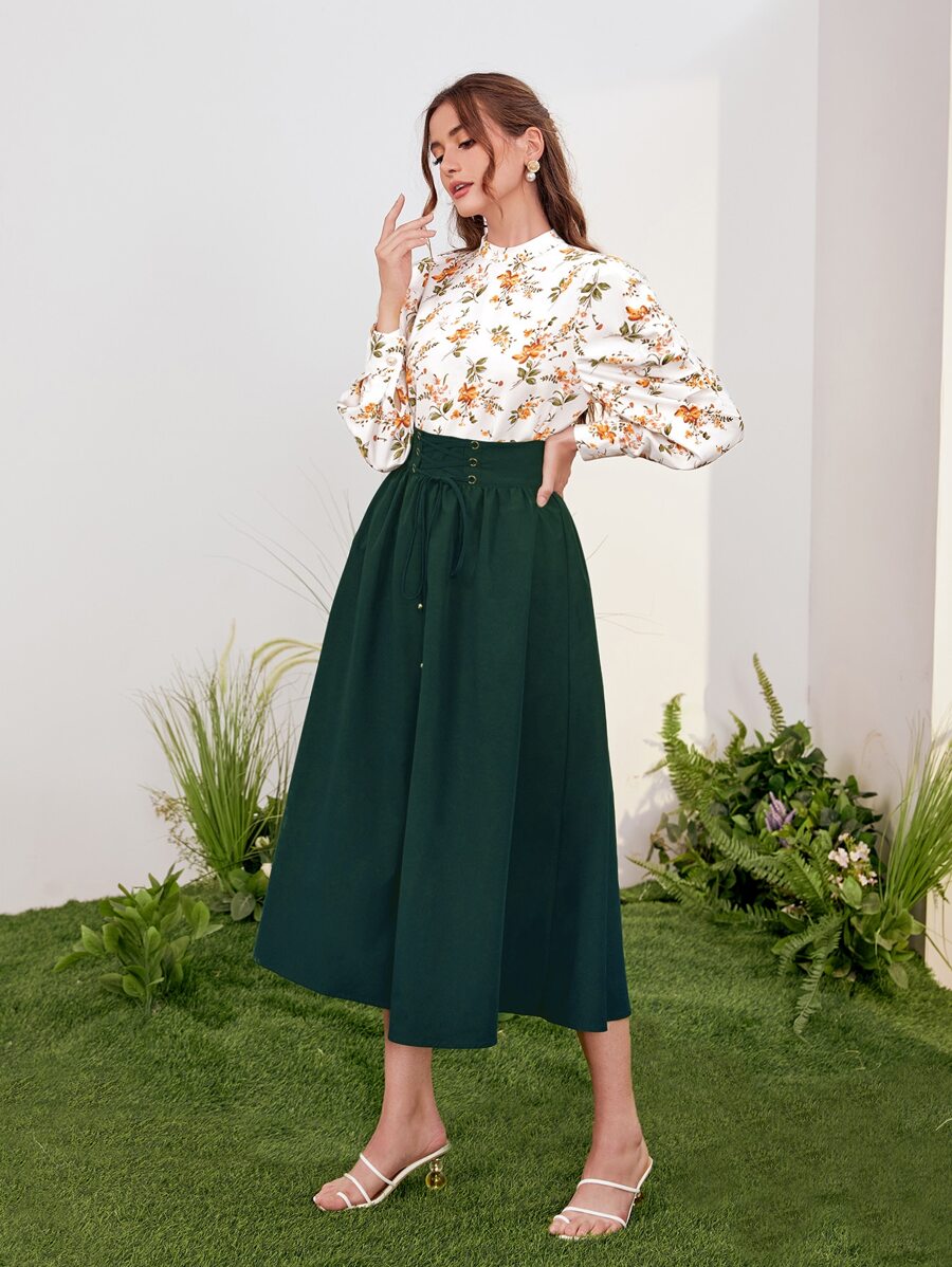 Seusyu 高领泡泡袖上衣和裙子两件套