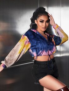 SHEIN SXY Tie Dye Drop Shoulder Drawstring Hoodie - Multicolor - View 5
