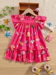 SHEIN Toddler Girls Fish Print Ruffle Hem Dress - Hot Pink - View 8