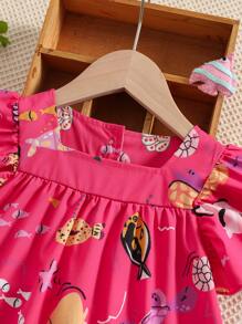 SHEIN Toddler Girls Fish Print Ruffle Hem Dress - Hot Pink - View 3