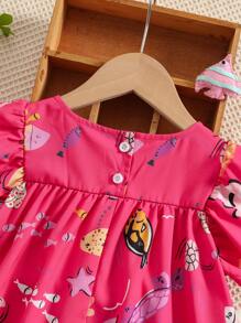 SHEIN Toddler Girls Fish Print Ruffle Hem Dress - Hot Pink - View 4