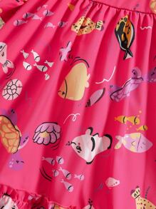 SHEIN Toddler Girls Fish Print Ruffle Hem Dress - Hot Pink - View 6