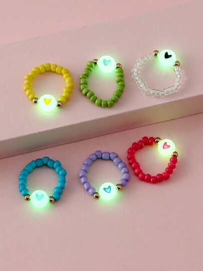 6pcs Girls Glow In The Dark Bead Decor Ring