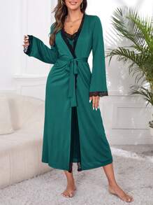 Lace Trim Slip Sleep Dress & Robe Pajama Set With Belt, Fall Winter Clothes