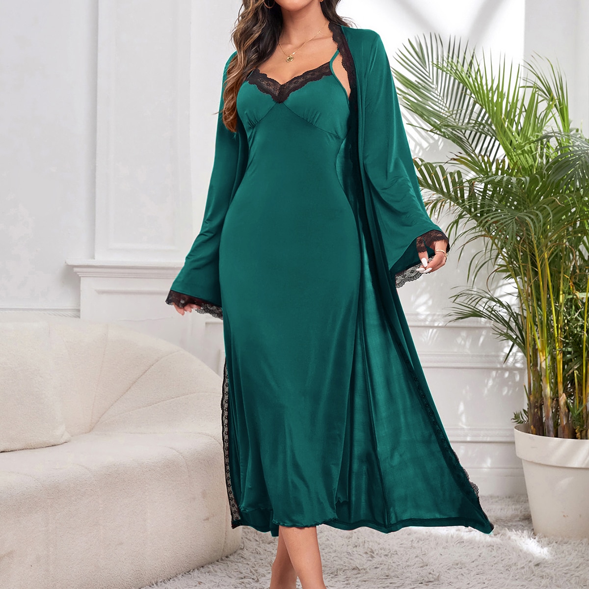 Conjunto de pijama con vestido de dormir y bata con ribete de encaje y cinturón, ropa de otoño e invierno
