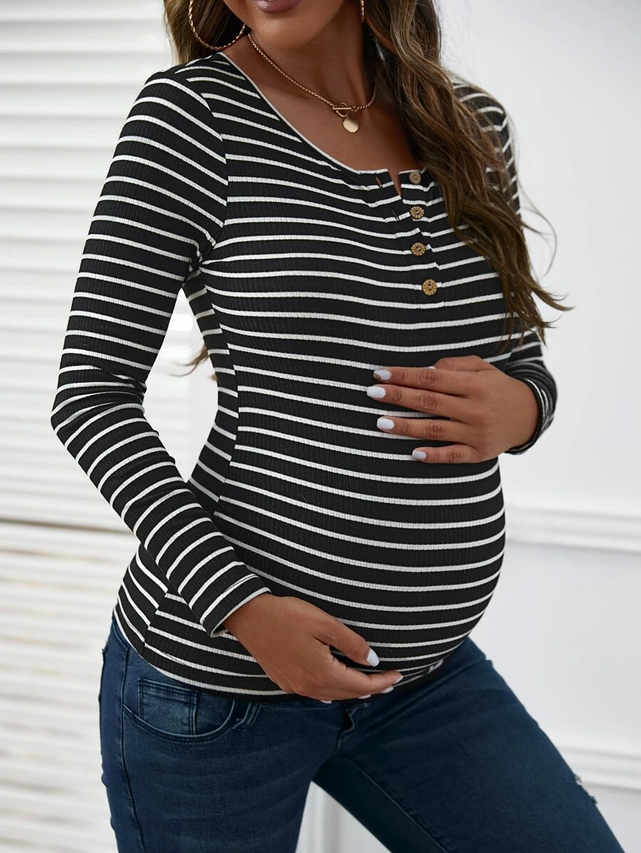 SHEIN Maternity Striped Button Front Tee