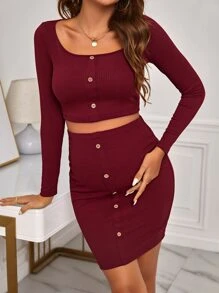 SHEIN Maternidad Top corto con botón delantero & Falda ajustada - Granate - Ver 1