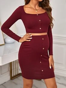 SHEIN Maternidad Top corto con botón delantero & Falda ajustada - Granate - Ver 5