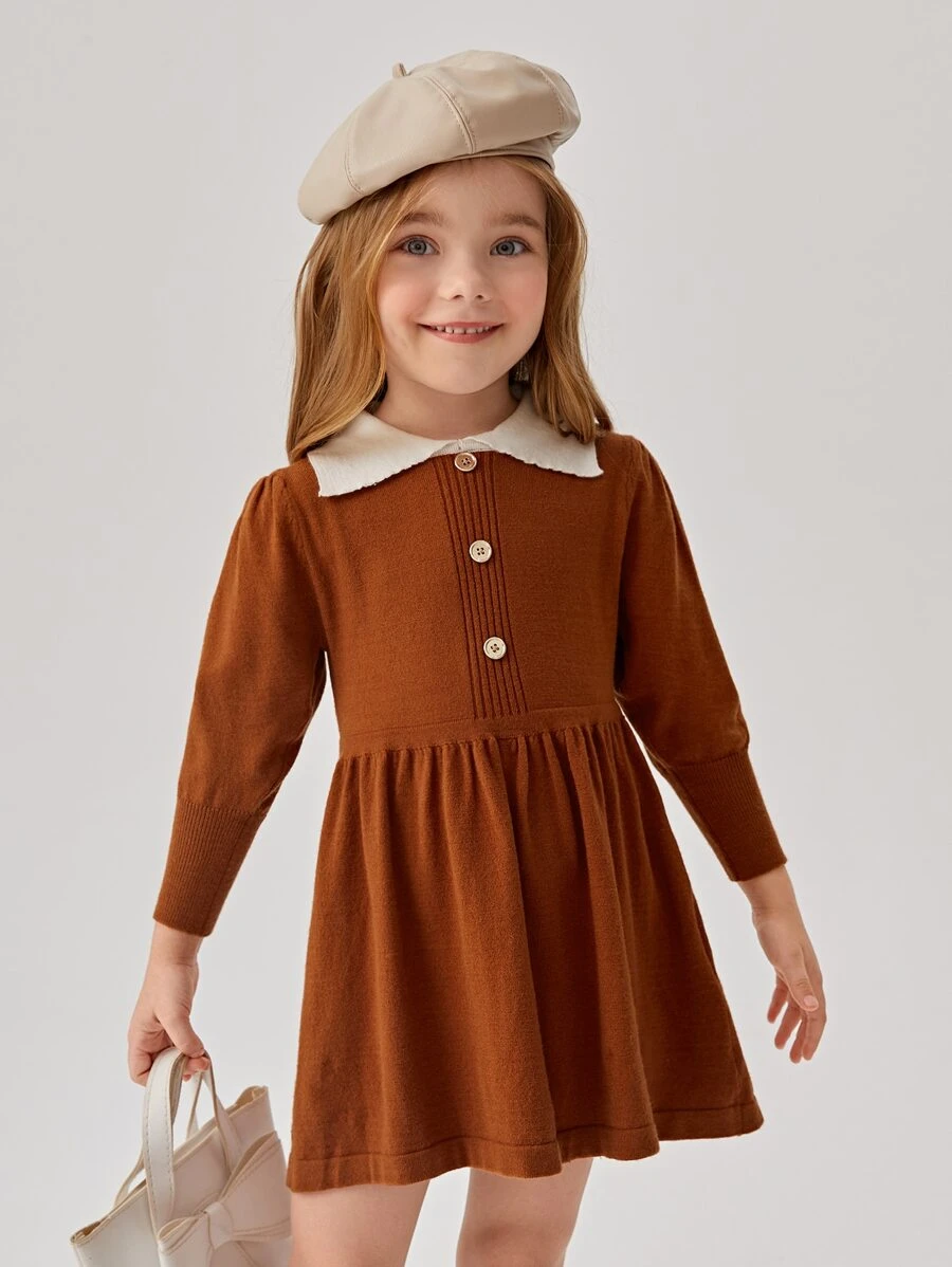 Toddler Girls Contrast Collar Fake Button Jumper Dress - Brown - View 1