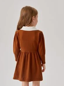 Toddler Girls Contrast Collar Fake Button Jumper Dress - Brown - View 2