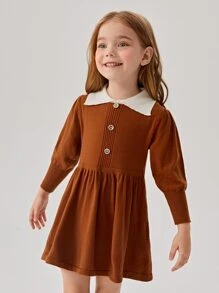 Toddler Girls Contrast Collar Fake Button Jumper Dress - Brown - View 3