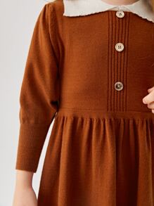Toddler Girls Contrast Collar Fake Button Jumper Dress - Brown - View 4