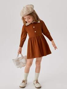 Toddler Girls Contrast Collar Fake Button Jumper Dress - Brown - View 5
