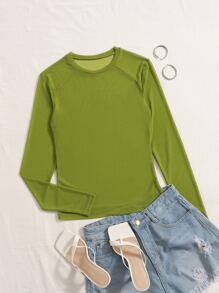 SHEIN BAE Sheer Slim Top Without Bra - Olive Green - View 1