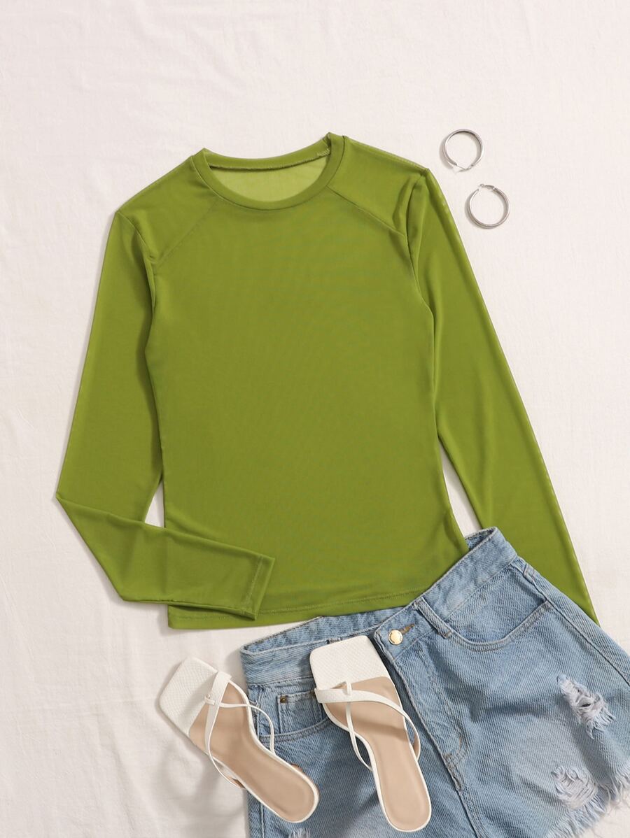 SHEIN BAE Sheer Slim Top Without Bra - Olive Green - View 1