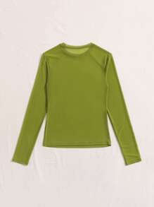 SHEIN BAE Sheer Slim Top Without Bra - Olive Green - View 2