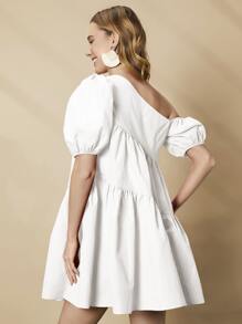 SHEIN Privé Asymmetrical Neck Puff Sleeve Ruffle Hem Smock Dress