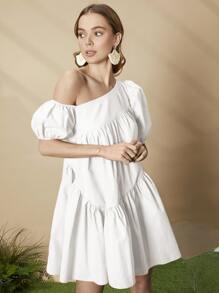 SHEIN Privé Asymmetrical Neck Puff Sleeve Ruffle Hem Smock Dress