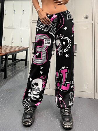 Hose mit geradlinigen Beinen Schädel Muster, Tunnelzug