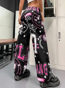 ROMWE PUNK 骷髏印花抽繩束腰直筒褲 - 彩色 - 查看 4