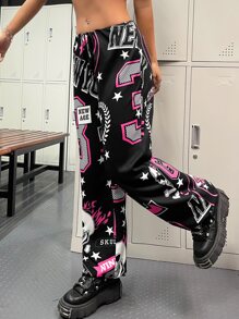 ROMWE PUNK 骷髏印花抽繩束腰直筒褲 - 彩色 - 查看 6