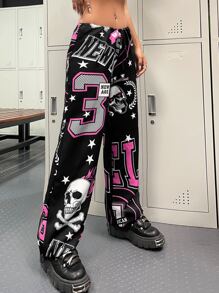 ROMWE PUNK 骷髏印花抽繩束腰直筒褲 - 彩色 - 查看 3