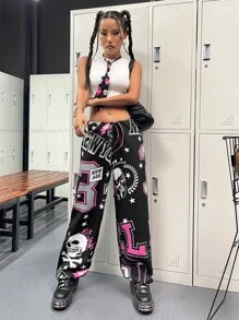 ROMWE PUNK 骷髏印花抽繩束腰直筒褲 - 彩色 - 查看 2