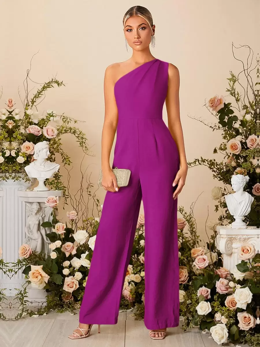 SHEIN Belle One Shoulder Wide Leg Jumpsuit - Purple - View 1