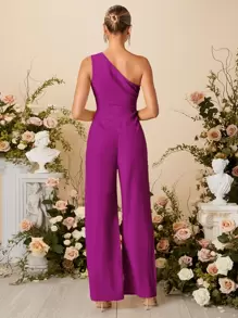 SHEIN Belle One Shoulder Wide Leg Jumpsuit - Purple - View 2