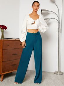 SHEIN Essnce 高腰闊腿褲 - 水鴨藍 - 查看 4