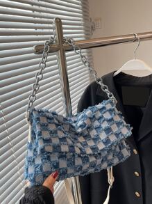 CONTAINEVERY Túi vuông vuông denim có họa tiết ca rô, ví đeo chéo cổ điển cho nữ - Nhiều màu - Xem 1