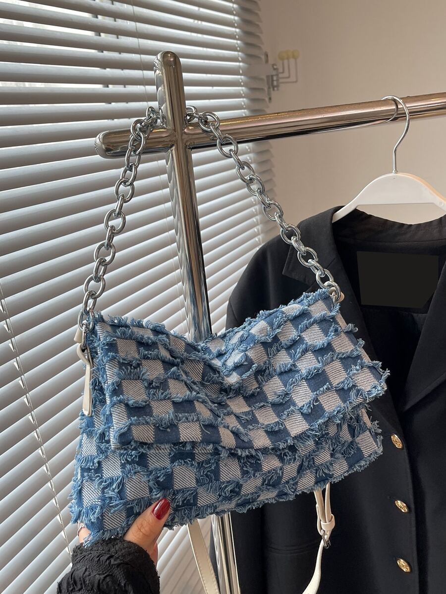 CONTAINEVERY Túi vuông vuông denim có họa tiết ca rô, ví đeo chéo cổ điển cho nữ - Nhiều màu - Xem 1