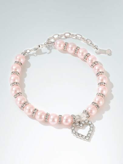 Collana con perla rosa e catena a diamante a forma di cuore, adatta per l'uso quotidiano degli animali domestici
