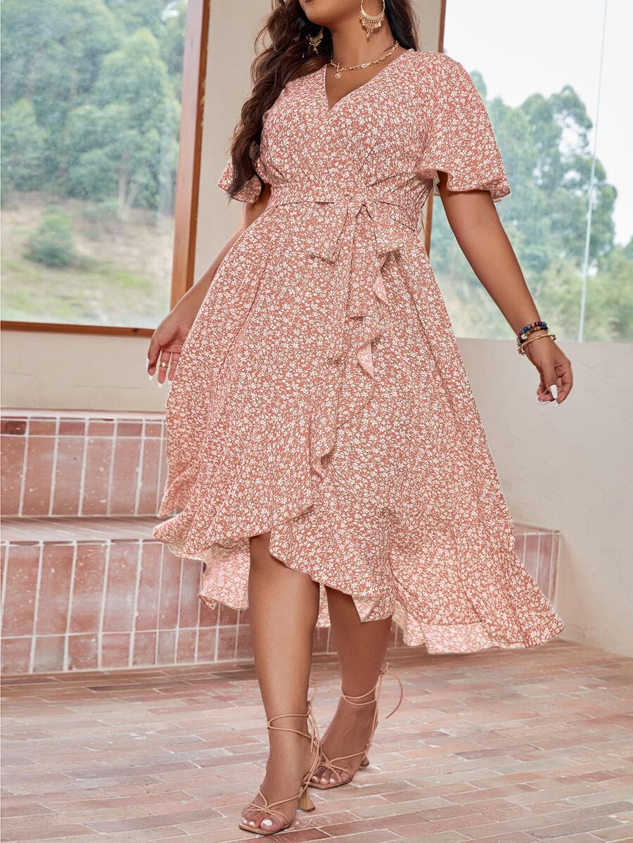 Calvaya Plus Ditsy Floral Flutter Sleeve Ruffle Hem Belted Dress - Multicolor - View 1