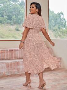 Calvaya Plus Ditsy Floral Flutter Sleeve Ruffle Hem Belted Dress - Multicolor - View 2