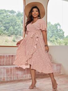 Calvaya Plus Ditsy Floral Flutter Sleeve Ruffle Hem Belted Dress - Multicolor - View 6