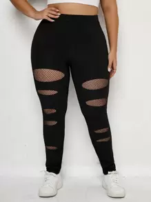 Calvaya Plus Fishnet Insert Leggings - Black - View 1