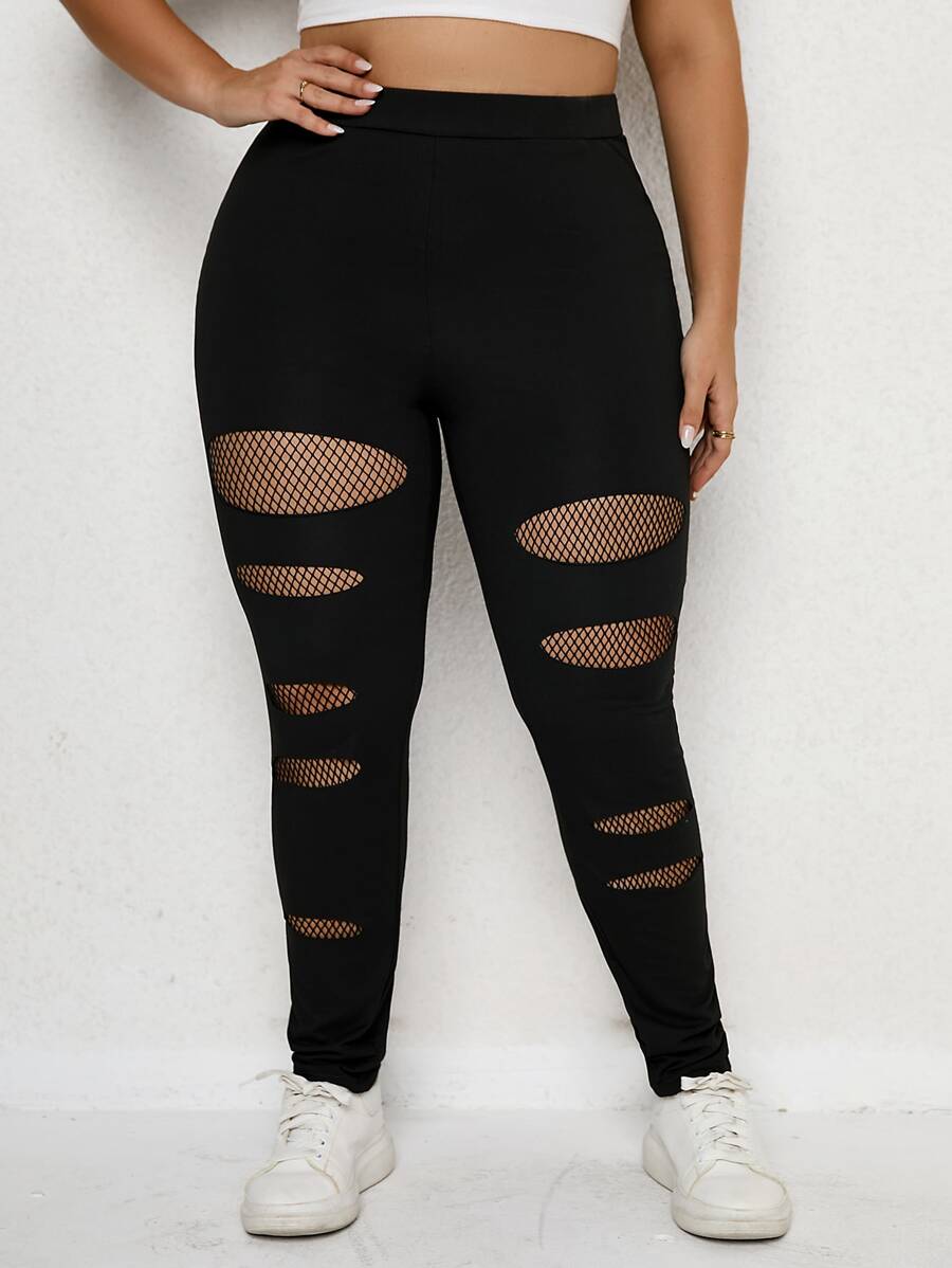 Calvaya Plus Fishnet Insert Leggings - Black - View 1