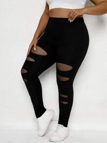 Calvaya Plus Fishnet Insert Leggings - Black - View 6