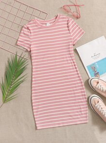 SHEIN Teen Girls Striped Rib-Knit Dress - Dusty Pink - View 1